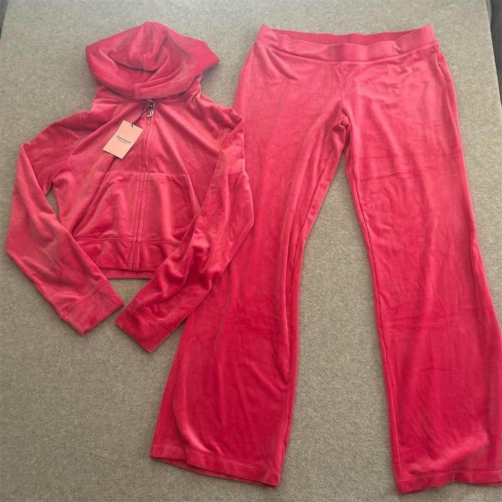 Juicy Couture Velour Tracksuit Pink Womens Hoodie & Pants Set Size M Y2K